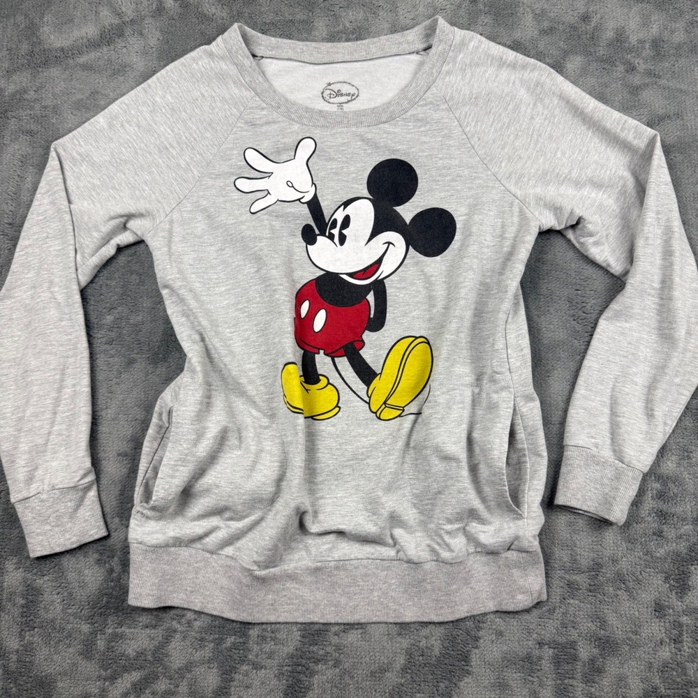 Disney Mickey Mouse Gray Graphic Sweatshirt Pockets Junior Medium M 7-9